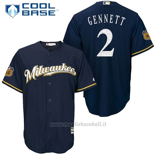 Maglia Baseball Uomo Milwaukee Brewers Scooter Gennett Blu 2017 Allenamento Primaverile Cool Base Giocatore